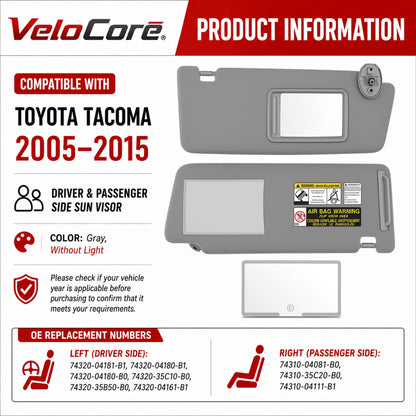VeloCore Gray Sun Visor Pair Compatible with Toyota Tacoma 2005-2015