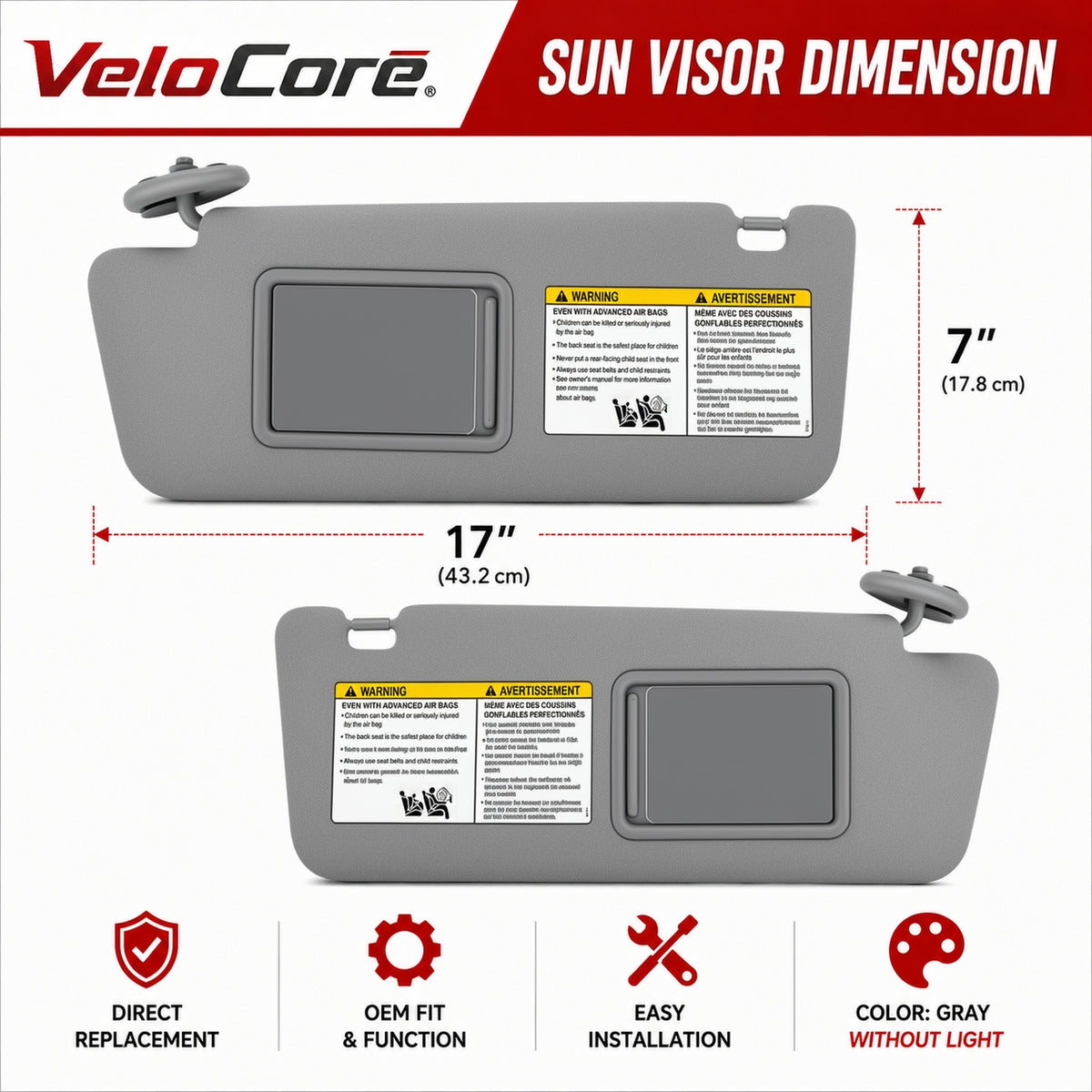 VeloCore Gray Sun Visor Pair Compatible with Toyota Tacoma 2005-2015