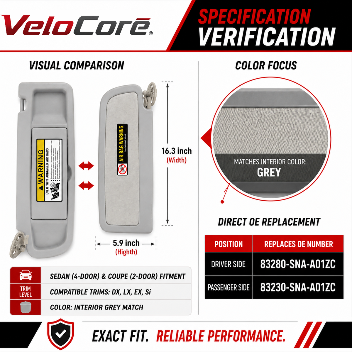 VeloCore Sun Visor Pair Compatible with 2006-2011 Honda Civic Coupe Sedan