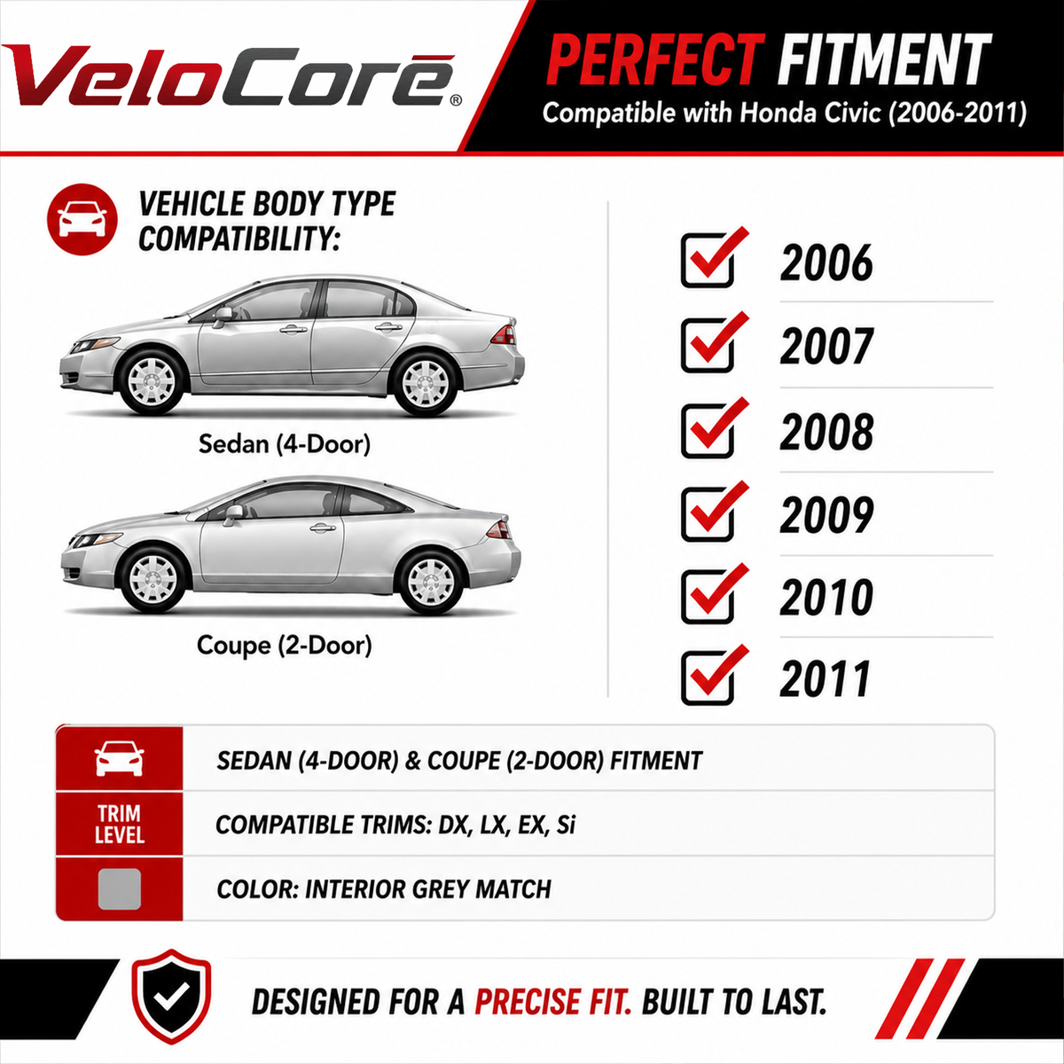 VeloCore Sun Visor Pair Compatible with 2006-2011 Honda Civic Coupe Sedan