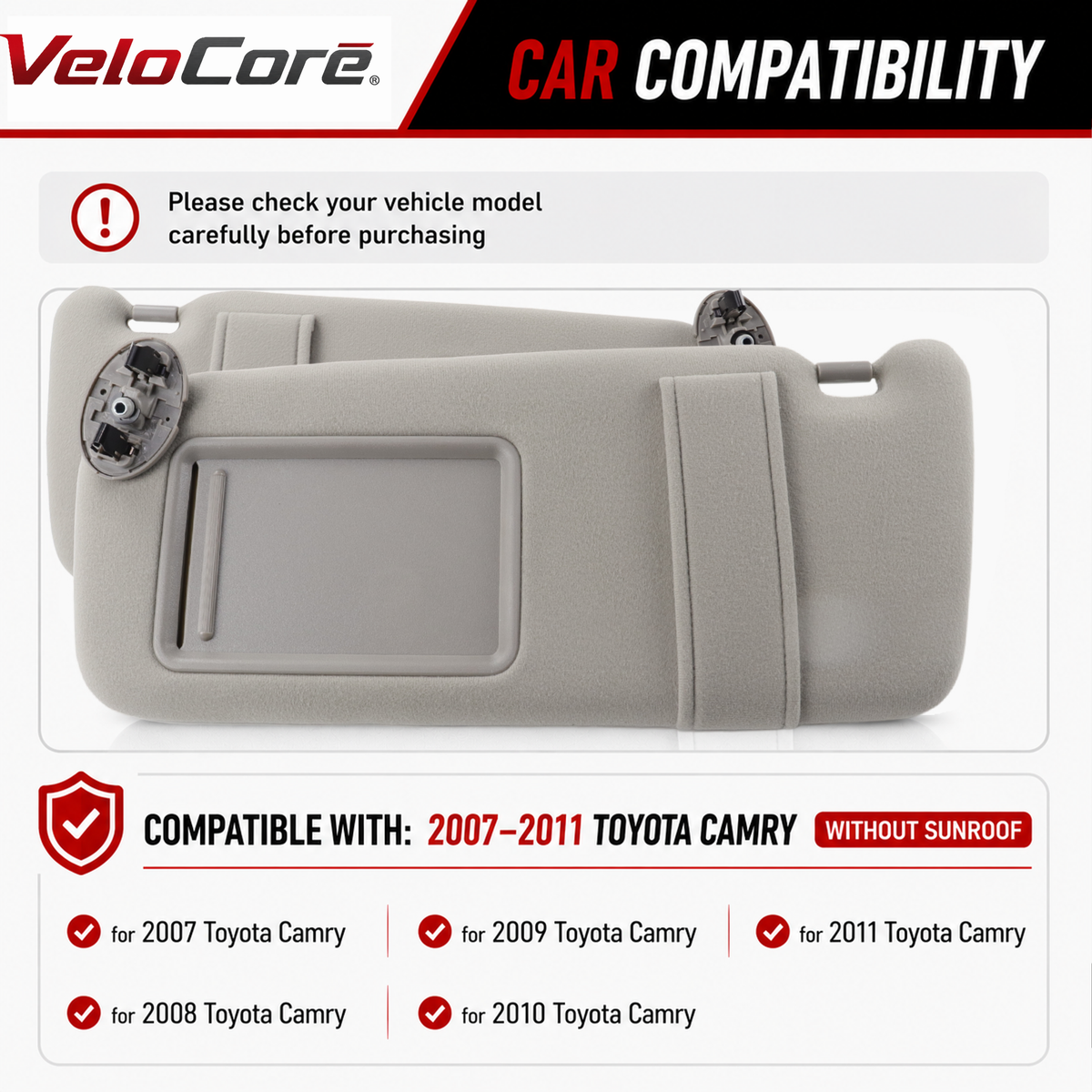VeloCore Sun Visor Pair Compatible with Toyota Camry 2007-2011 Hybrid Without Sunroof Left Driver Right Passenger Replaces 74310-06750-B0 74320-06780-B0 - Grey Sunshade with Bonus Mirror