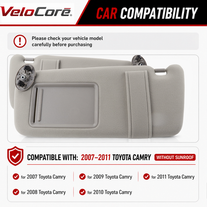 VeloCore Sun Visor Pair Compatible with Toyota Camry 2007-2011 Hybrid Without Sunroof Left Driver Right Passenger Replaces 74310-06750-B0 74320-06780-B0 - Grey Sunshade with Bonus Mirror