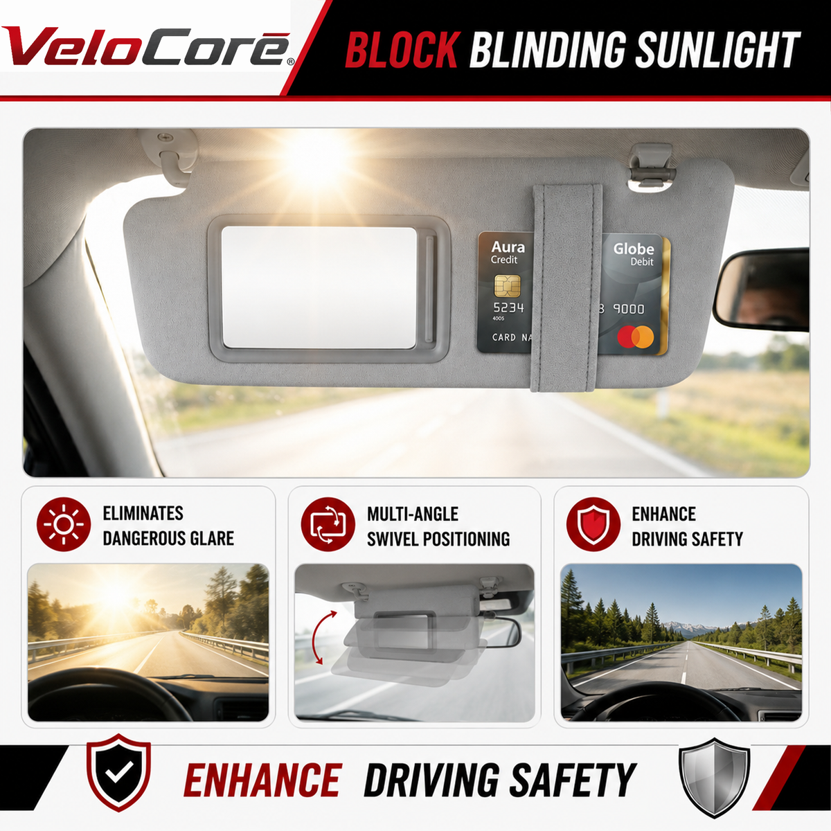 VeloCore Sun Visor Pair Compatible with Toyota Camry 2007-2011 Hybrid Without Sunroof Left Driver Right Passenger Replaces 74310-06750-B0 74320-06780-B0 - Grey Sunshade with Bonus Mirror