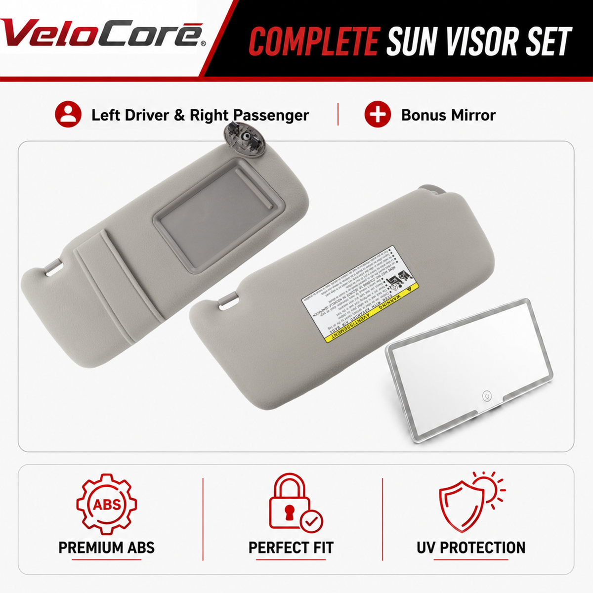 VeloCore Sun Visor Pair Compatible with Toyota Camry 2007-2011 Hybrid Without Sunroof Left Driver Right Passenger Replaces 74310-06750-B0 74320-06780-B0 - Grey Sunshade with Bonus Mirror