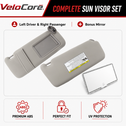 VeloCore Sun Visor Pair Compatible with Toyota Camry 2007-2011 Hybrid Without Sunroof Left Driver Right Passenger Replaces 74310-06750-B0 74320-06780-B0 - Grey Sunshade with Bonus Mirror
