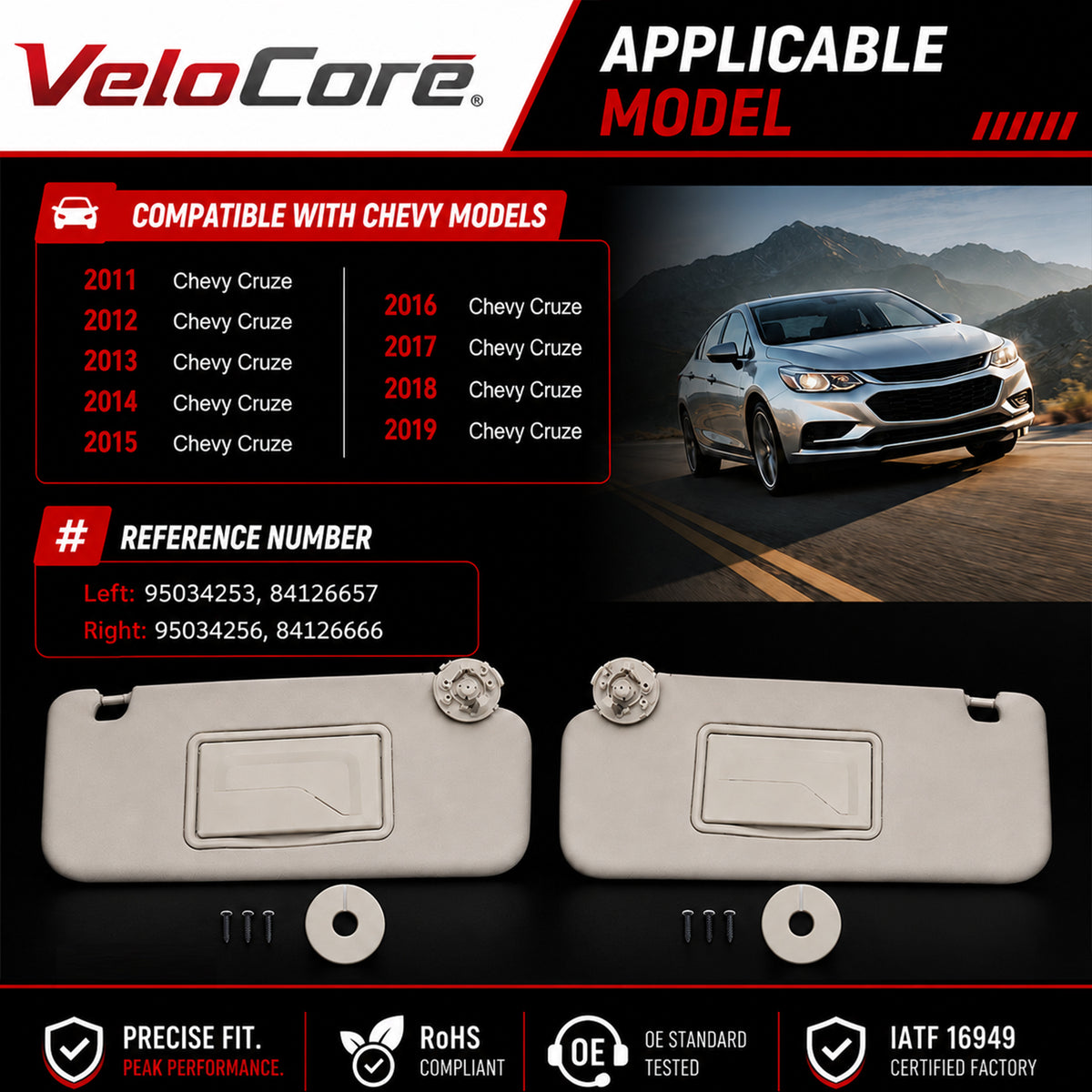 VeloCore Sun Visor Driver & Passenger Side Without Light Compatible with Chevy Cruze 2011-2019 Replace 95034256 95034253 84126667 84126658 (Gray, Left & Right) with Portable Mirror