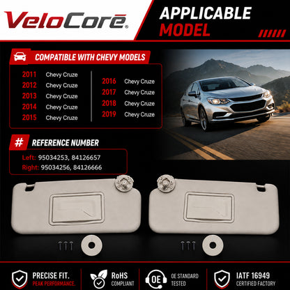 VeloCore Sun Visor Driver & Passenger Side Without Light Compatible with Chevy Cruze 2011-2019 Replace 95034256 95034253 84126667 84126658 (Gray, Left & Right) with Portable Mirror