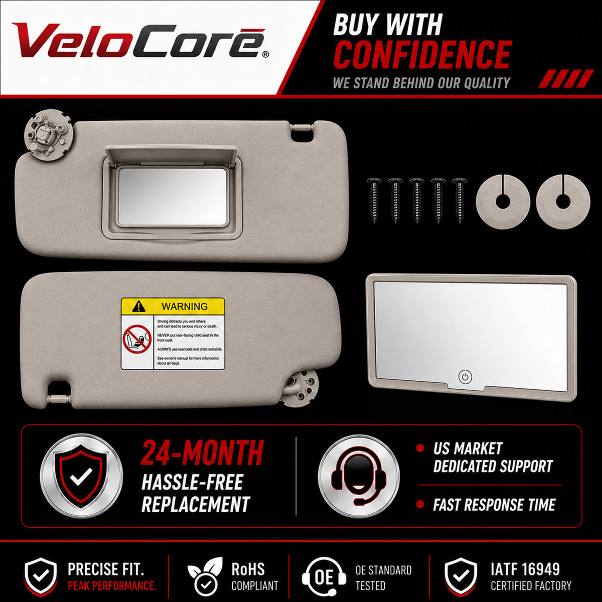 VeloCore Sun Visor Driver & Passenger Side Without Light Compatible with Chevy Cruze 2011-2019 Replace 95034256 95034253 84126667 84126658 (Gray, Left & Right) with Portable Mirror