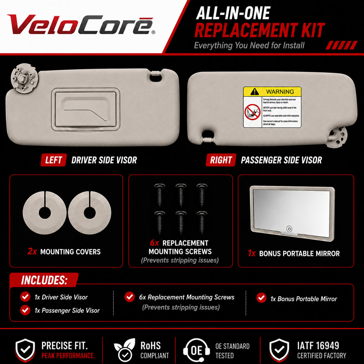 VeloCore Sun Visor Driver & Passenger Side Without Light Compatible with Chevy Cruze 2011-2019 Replace 95034256 95034253 84126667 84126658 (Gray, Left & Right) with Portable Mirror