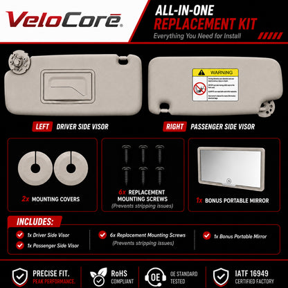 VeloCore Sun Visor Driver & Passenger Side Without Light Compatible with Chevy Cruze 2011-2019 Replace 95034256 95034253 84126667 84126658 (Gray, Left & Right) with Portable Mirror