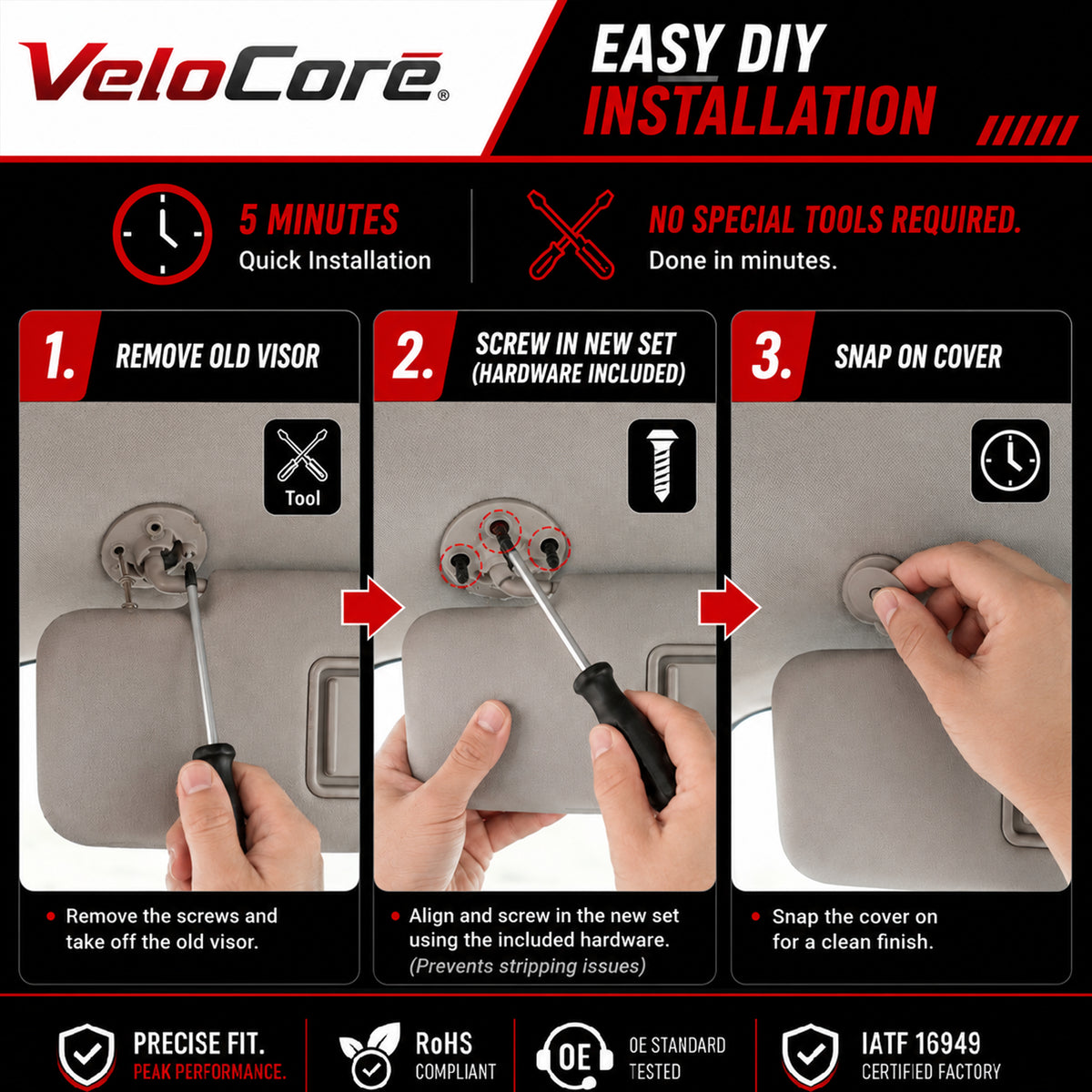 VeloCore Sun Visor Driver & Passenger Side Without Light Compatible with Chevy Cruze 2011-2019 Replace 95034256 95034253 84126667 84126658 (Gray, Left & Right) with Portable Mirror