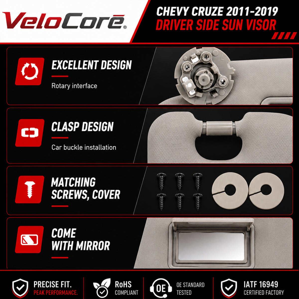 VeloCore Sun Visor Driver & Passenger Side Without Light Compatible with Chevy Cruze 2011-2019 Replace 95034256 95034253 84126667 84126658 (Gray, Left & Right) with Portable Mirror
