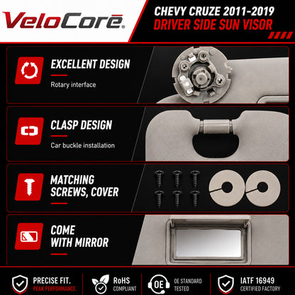 VeloCore Sun Visor Driver & Passenger Side Without Light Compatible with Chevy Cruze 2011-2019 Replace 95034256 95034253 84126667 84126658 (Gray, Left & Right) with Portable Mirror