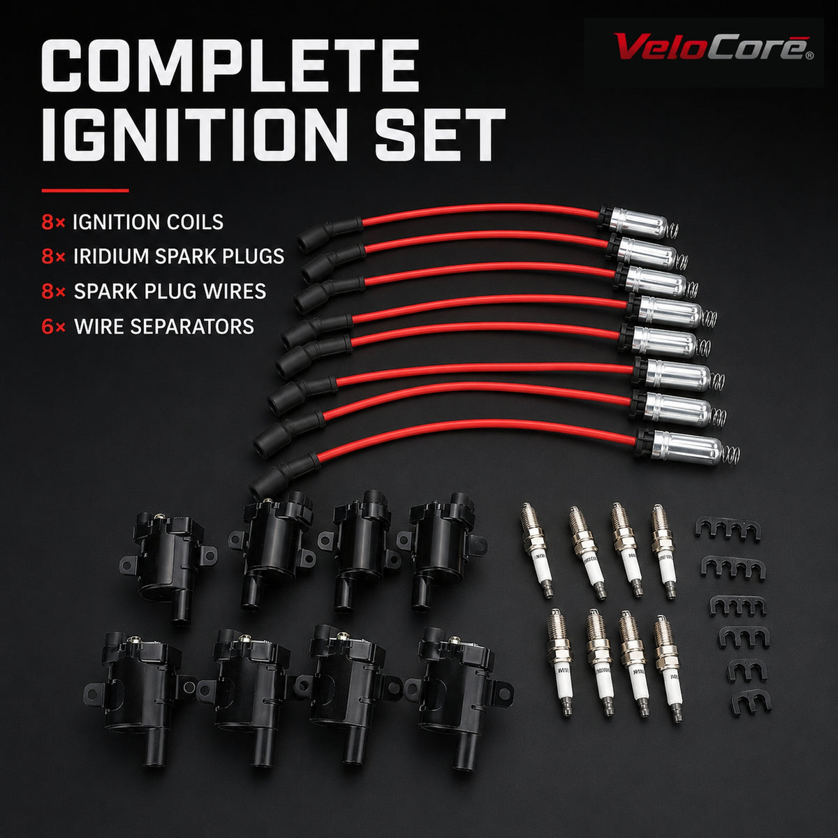 VeloCore UF262 8-Pack Round Ignition Coil 41962 Spark Plug and 8mm Wire Set | Compatible with Chevy Silverado Tahoe Suburban, GMC Sierra Yukon, Cadillac Escalade Hummer H2 1999-2007