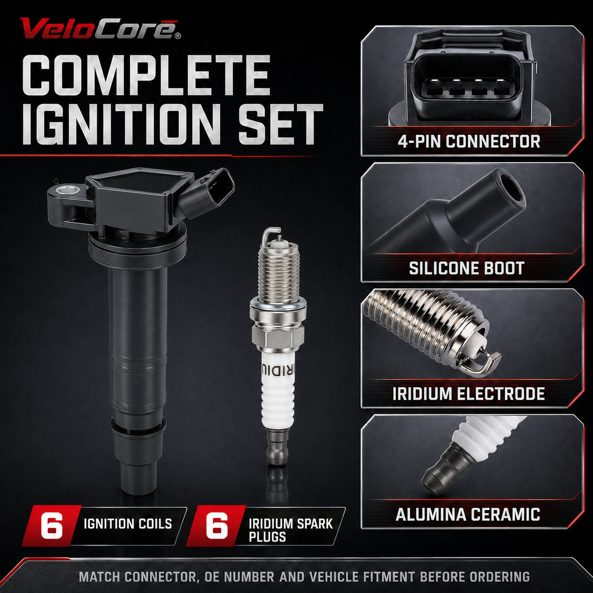 VeloCore UF495 Ignition Coil & Iridium Plug 6-Pc Set Fit for Toyota Camry | compatible with Toyota Camry 2006-2011 2.4L, Tacoma 2005-2020 2.7L, iridium plugs, silicone coil boots