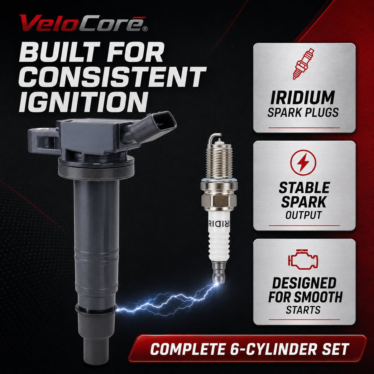 VeloCore UF495 Ignition Coil & Iridium Plug 6-Pc Set Fit for Toyota Camry | compatible with Toyota Camry 2006-2011 2.4L, Tacoma 2005-2020 2.7L, iridium plugs, silicone coil boots