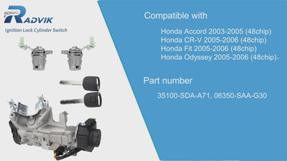 Honda Ignition Lock Cylinder & Door Lock Set 35100-SDA-A71 - with 2 Keys ID48 (2003-2007)