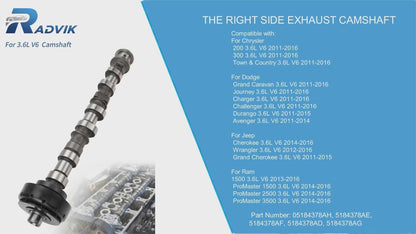 Chrysler Dodge Jeep Exhaust Camshaft 5184378AD - Right Side 3.6L V6 (2011-2016)
