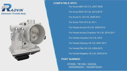 Honda Acura Electronic Throttle Body 16400RYEA01 - 3.5L 3.7L V6 (2007-2017)