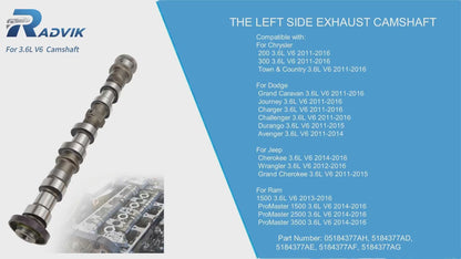 Chrysler Dodge Jeep Exhaust Camshaft 5184377AG - Left Side 3.6L V6 (2011-2016)